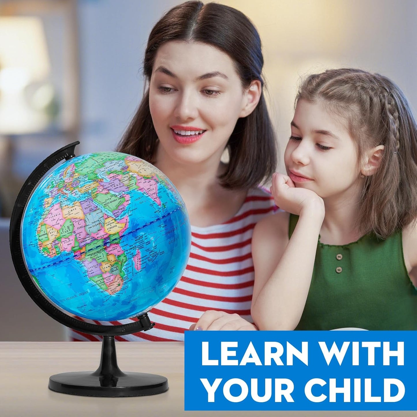 Classroom Globes Elementary, 13in Large Globe More Detailed with Countries & Capitals & State Capitals, Political Teaching Tool for Adults & Children - No Assembly Required