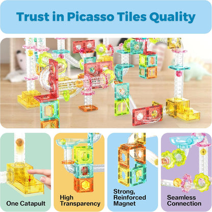 PicassoTiles Marble Run 60 Piece Race Track Magnetic Tiles Magnet Building Block Educational Construction Toy Set Playset STEM Learning Kit Child Brain Development HandEye Coordination Training PTG60