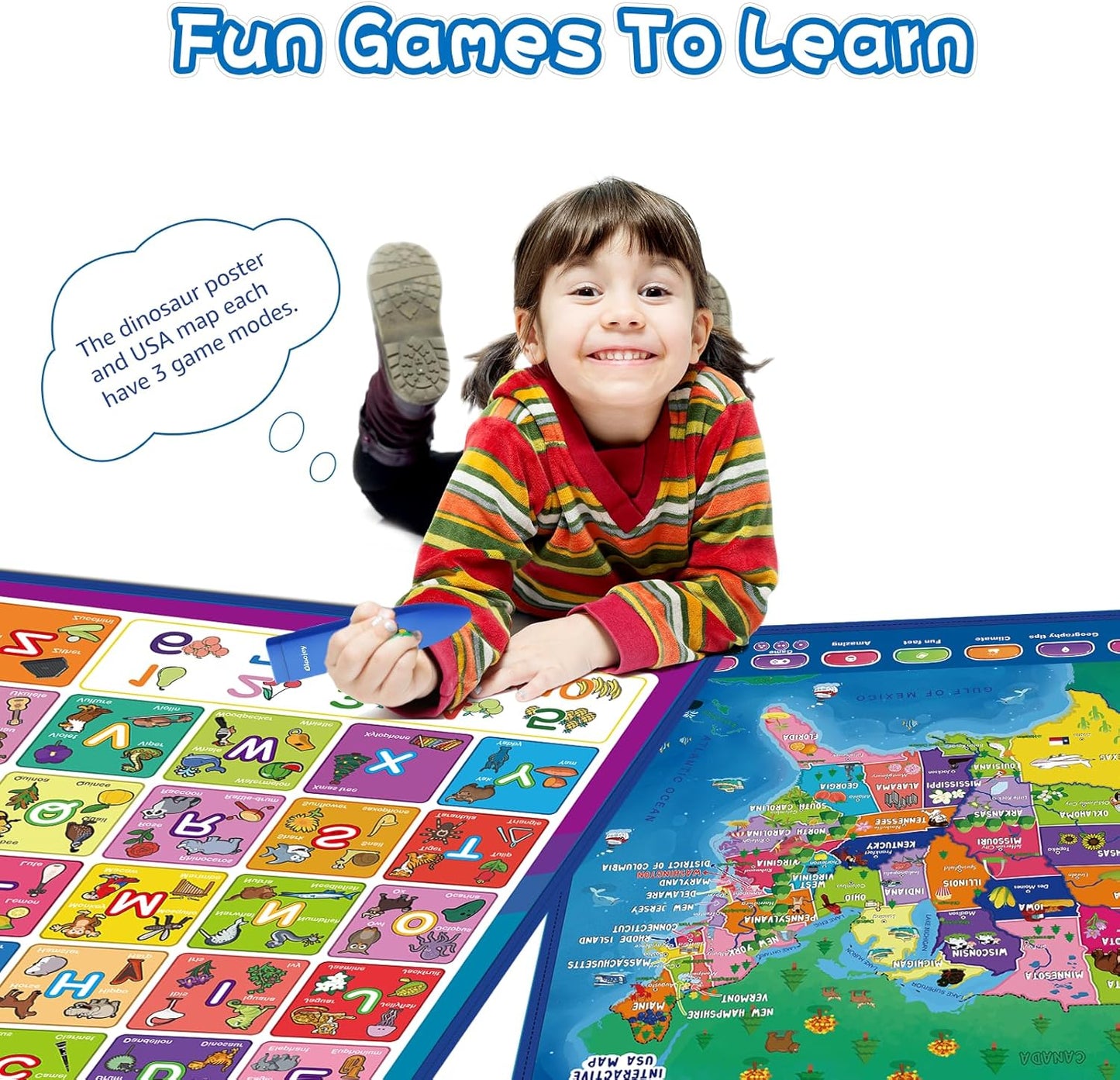 Qiaojoy Bilingual Interactive World Map for Kids Learning and Educational Toys, Talking Electronic Kids World Map i-Poster Geography Games Ages 3 to 12 Years Old, Custom Talking Birthday Gifts Card