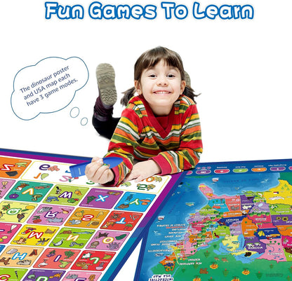 Qiaojoy Bilingual Interactive World Map for Kids Learning and Educational Toys, Talking Electronic Kids World Map i-Poster Geography Games Ages 3 to 12 Years Old, Custom Talking Birthday Gifts Card