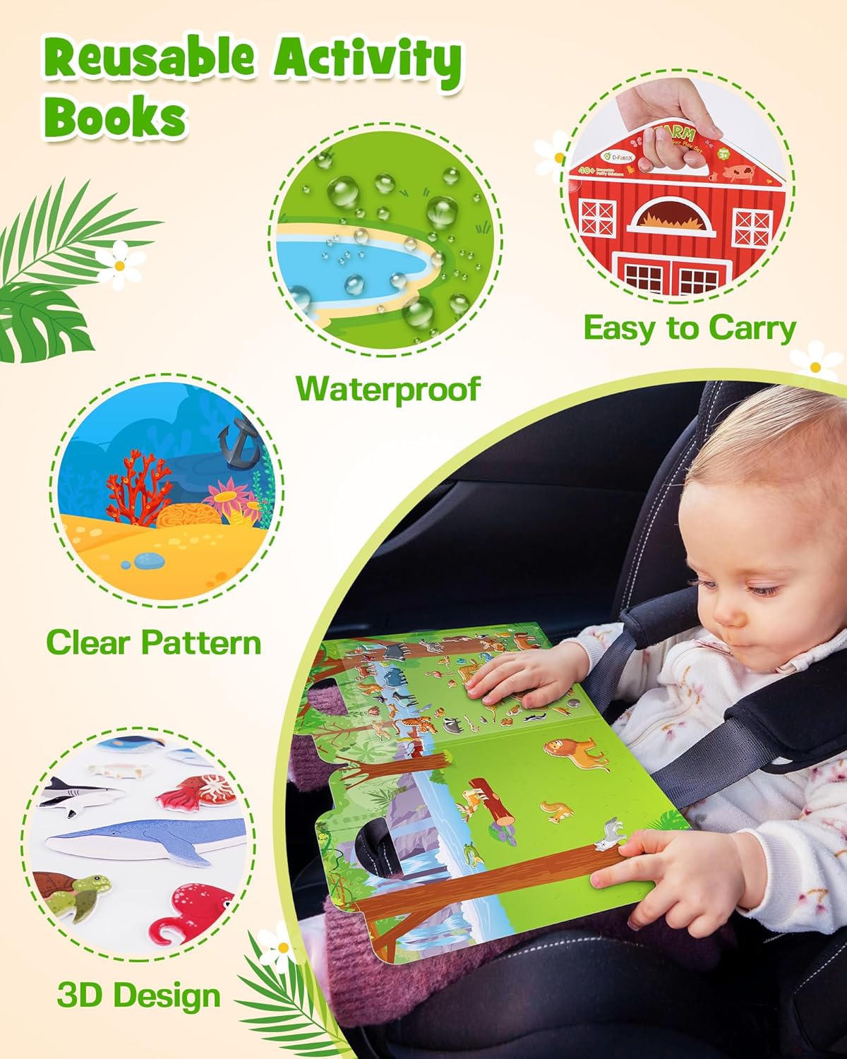 D-FantiX 3D Puffy Stickers for Kids Ages 4-8, Reusable Sticker Books for Toddlers 2-4 Years, Farm Dinosaur Ocean Safari, Car Road Trip Activities, Airplane Travel Toys, Birthday Gifts for Boys Girls
