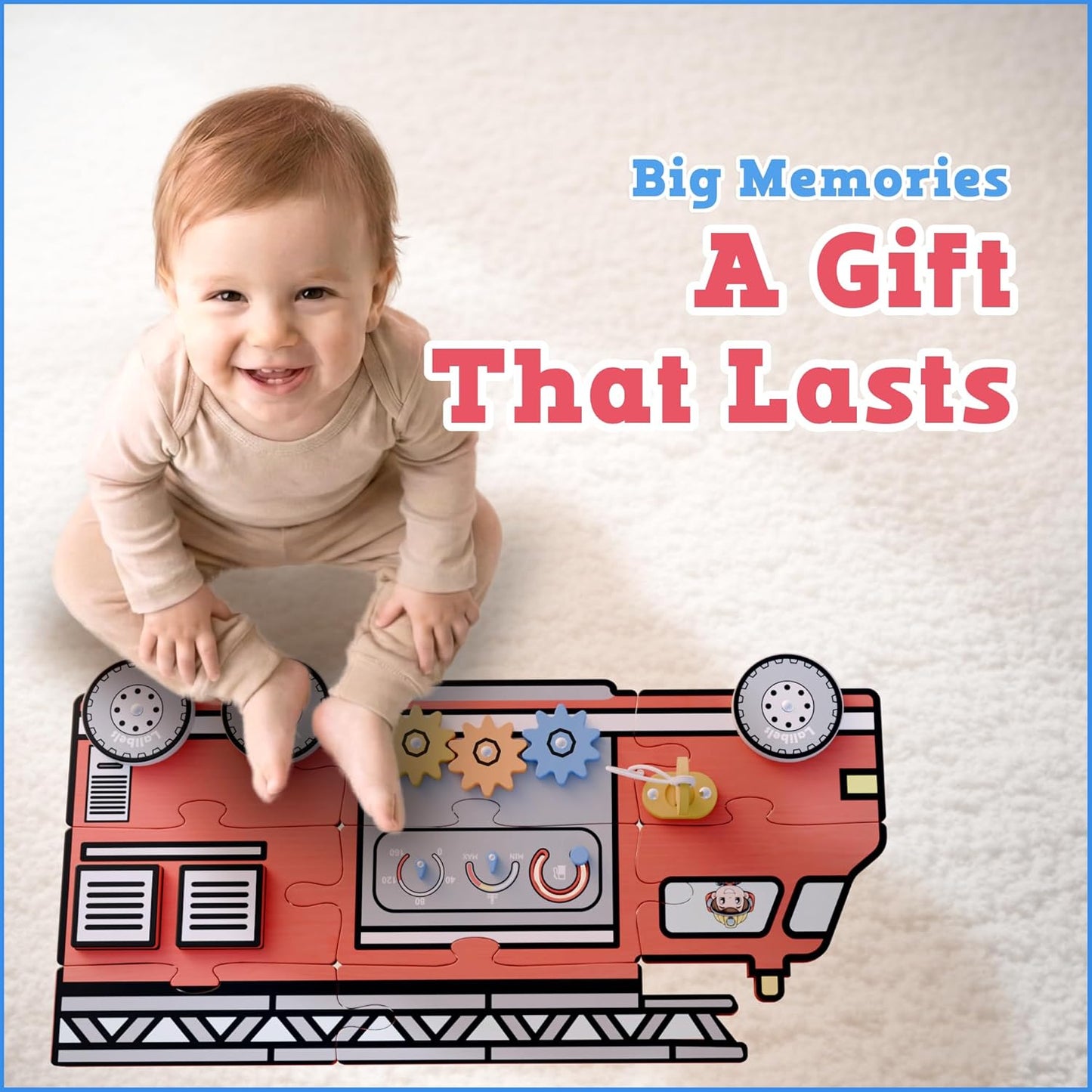 Large Wooden Toddler Puzzles – Fire Truck Interactive Activity Puzzle for Ages 1-3 – Fine Motor Skills Toy with Gears Doors Knobs for Early Learning