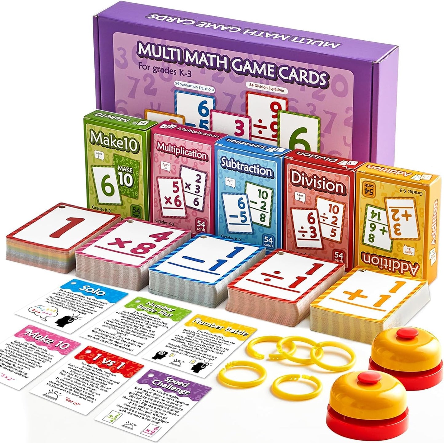 Math Flash Cards Set of 5 - Addition Subtraction Division Multiplication Make 10 for 1st 2nd 3rd Math Game with 5 Rings 2 Quick Answer Bells 276 Double-Sided Flashcards