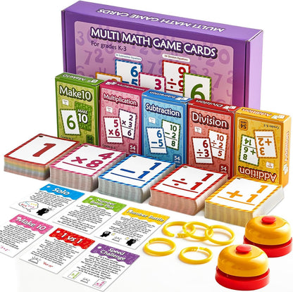 Math Flash Cards Set of 5 - Addition Subtraction Division Multiplication Make 10 for 1st 2nd 3rd Math Game with 5 Rings 2 Quick Answer Bells 276 Double-Sided Flashcards