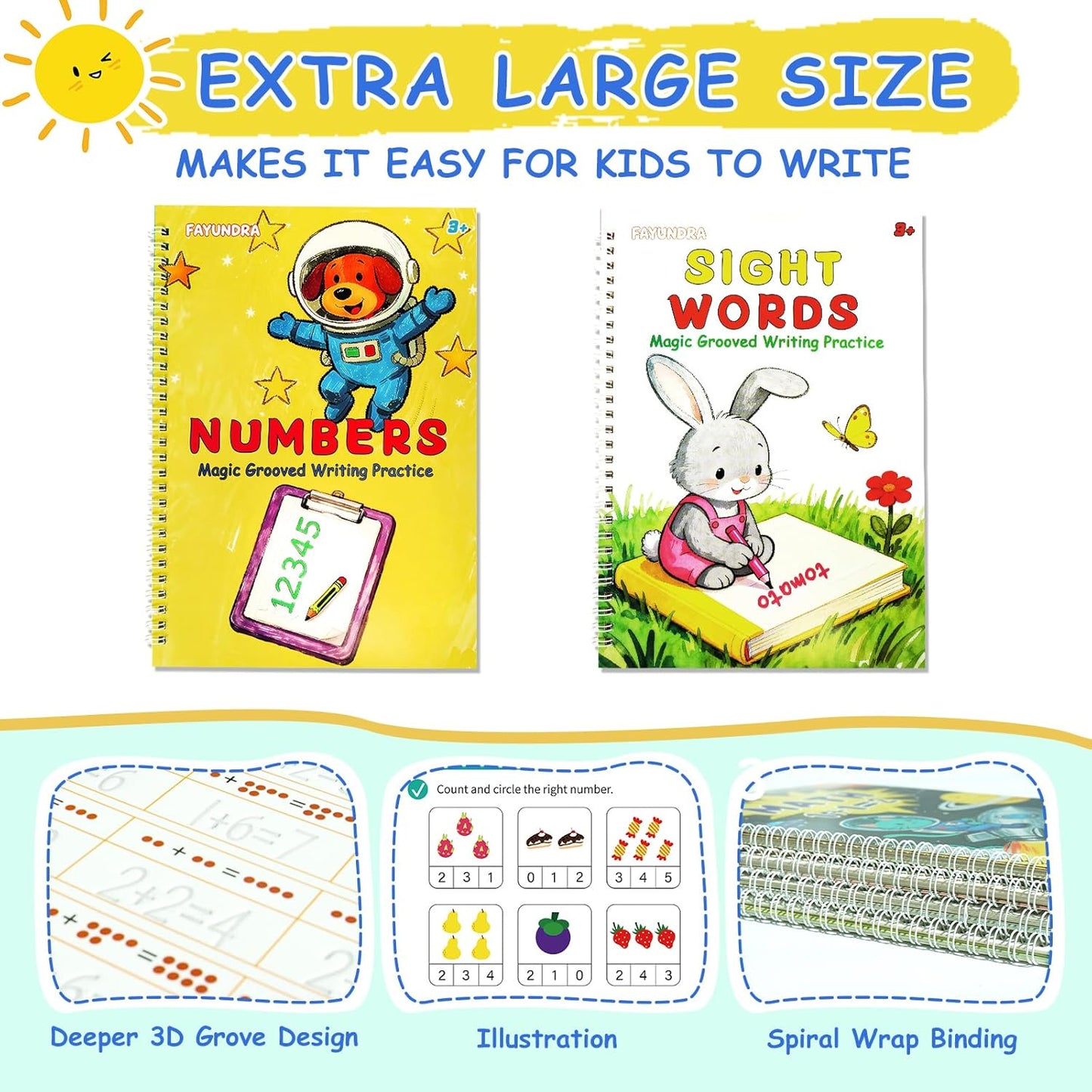 Grooved Handwriting Practice for Kids, Magic Grooved Writing Practice Books, 7 Reusable Tracing Workbooks for Preschool & Kindergarten, Learn Letters & Numbers for Ages 3–8 (7)