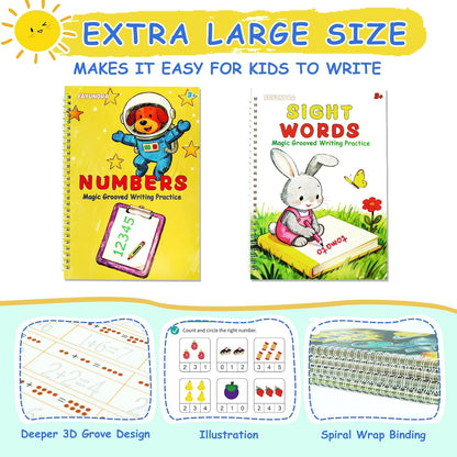 Grooved Handwriting Practice for Kids, Magic Grooved Writing Practice Books, 7 Reusable Tracing Workbooks for Preschool & Kindergarten, Learn Letters & Numbers for Ages 3–8 (7)