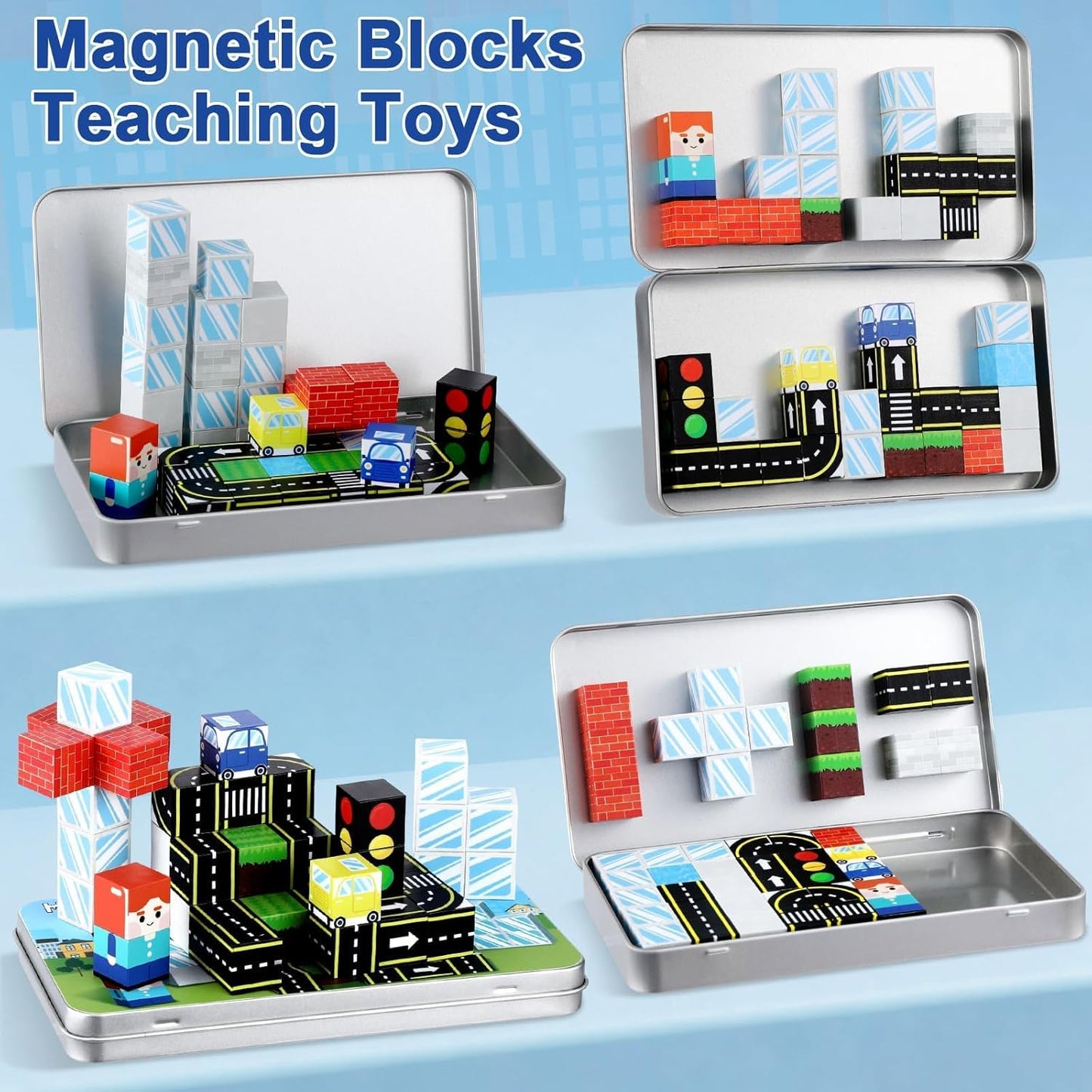 QOUBAI 45PCS Mini Magnetic Blocks Travel Toys, Magnet Building Cubes Tiles Set with Portable Iron Case, Learning Activities Gifts for Kids Toddlers Boys & Girls Ages 3-8 (Construction)