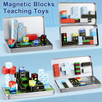 QOUBAI 45PCS Mini Magnetic Blocks Travel Toys, Magnet Building Cubes Tiles Set with Portable Iron Case, Learning Activities Gifts for Kids Toddlers Boys & Girls Ages 3-8 (Construction)