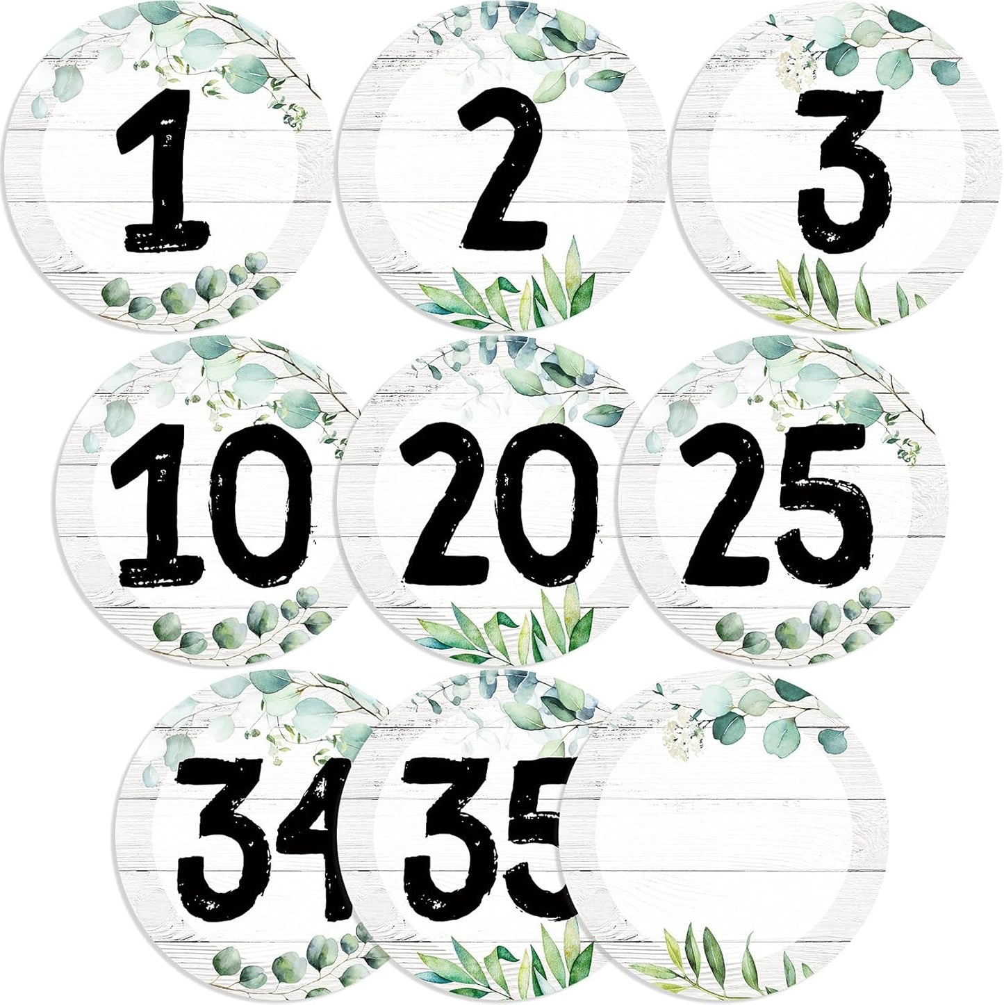 Chinco 40 Pieces Eucalyptus Laminated Numbers Cutouts for Classroom Decor - Farmhouse Circle Wood Grain Bulletin Board Accents with 40 Adhesive Glue Point Dots