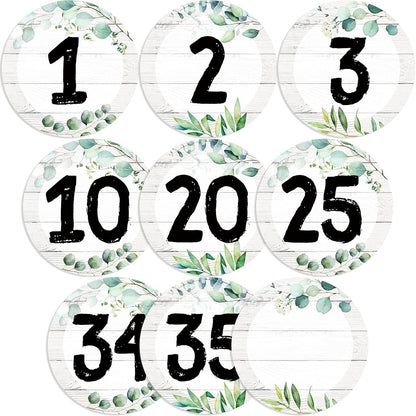 Chinco 40 Pieces Eucalyptus Laminated Numbers Cutouts for Classroom Decor - Farmhouse Circle Wood Grain Bulletin Board Accents with 40 Adhesive Glue Point Dots