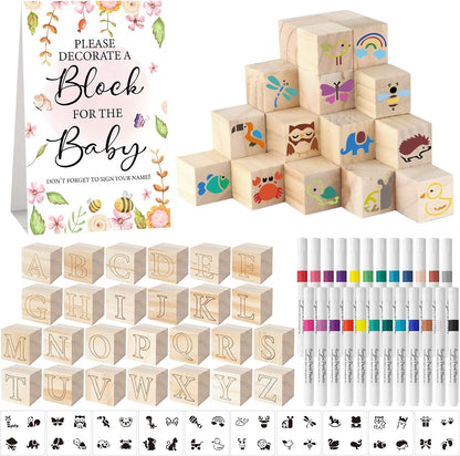 117 Pcs Baby Shower Blocks to Decorate Game Kit Includes 52 Wooden Blocks 24 Markers 1 Game Sign 40 Templates to Paint (Kraft)