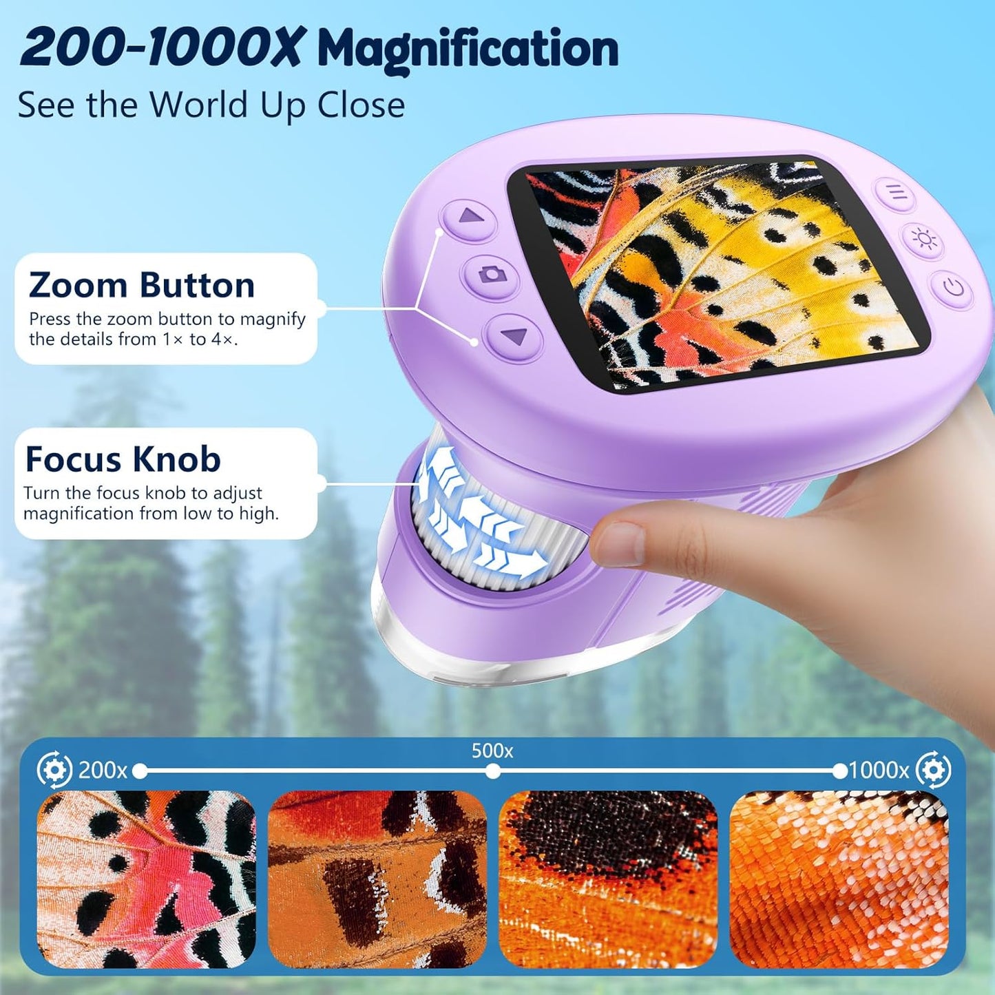 Odatay 4K 1000X Digital Microscope for Kids with Long Distance Viewing & 2.4" Screen, Portable Handheld Edu Toys for Kids Age 3-12 Exploring Bugs Plants at Home Classroom & Outdoor Travel, Yellow