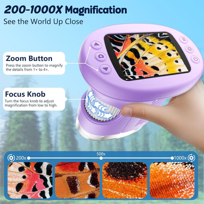 Odatay 4K 1000X Digital Microscope for Kids with Long Distance Viewing & 2.4" Screen, Portable Handheld Edu Toys for Kids Age 3-12 Exploring Bugs Plants at Home Classroom & Outdoor Travel, Yellow