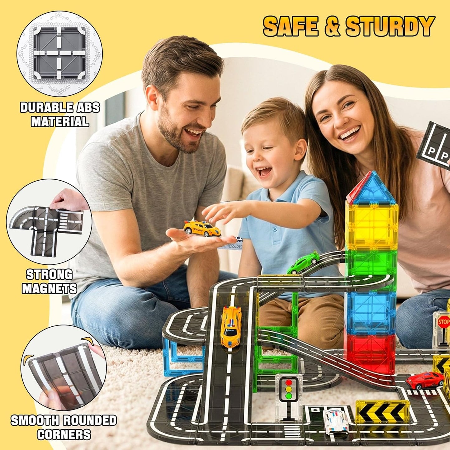 150PCS Magnetic Tiles Road Set with Marble Run, Preschool Magnet Tiles Included Magnetic Cars. STEM Magnetic Tiles for Kids, Preschool Educational Building Toys for Boys & Girls