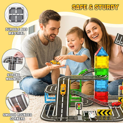 150PCS Magnetic Tiles Road Set with Marble Run, Preschool Magnet Tiles Included Magnetic Cars. STEM Magnetic Tiles for Kids, Preschool Educational Building Toys for Boys & Girls