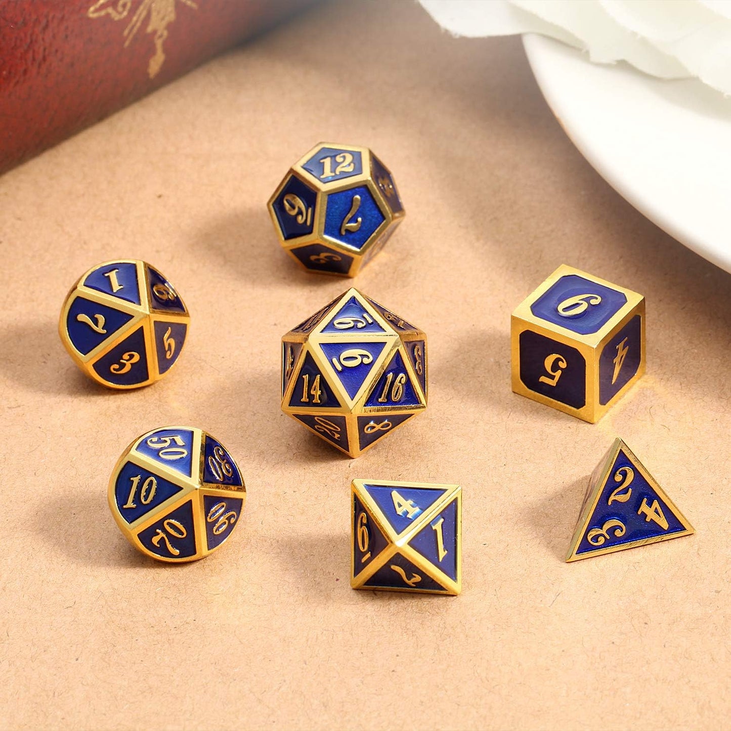 DnDnD Heavy Polyhedral Metal Dice Set with Metal Box, 7-die Shiny Blue Surface with Golden Number for RPG,Dungeons and Dragons,Pathfinder,Shadowrun,D&D,Role Palying Game and Math Teaching - Colors A