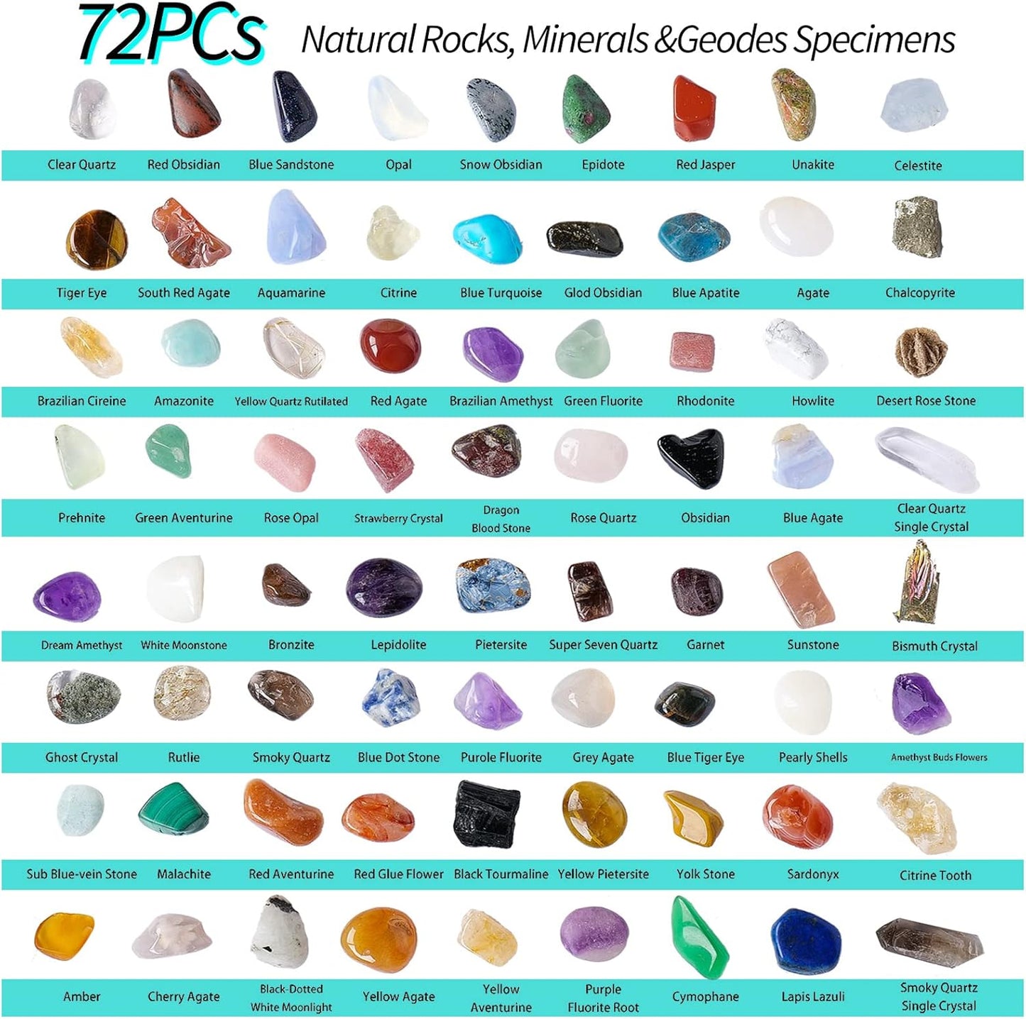 Runyangshi 72pcs Natural Rock and Geology Mineral Education Set for Studying Geology and Earth Science Ldentification Kit Learning Gifts with Instructions