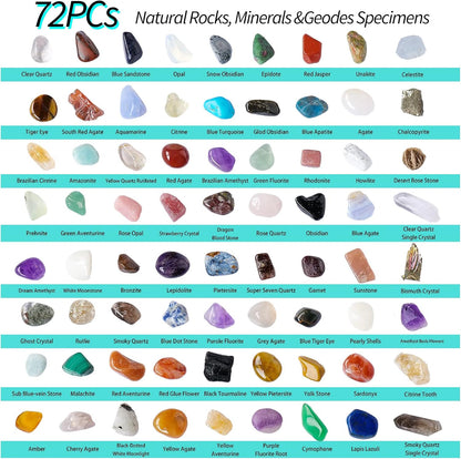 Runyangshi 72pcs Natural Rock and Geology Mineral Education Set for Studying Geology and Earth Science Ldentification Kit Learning Gifts with Instructions