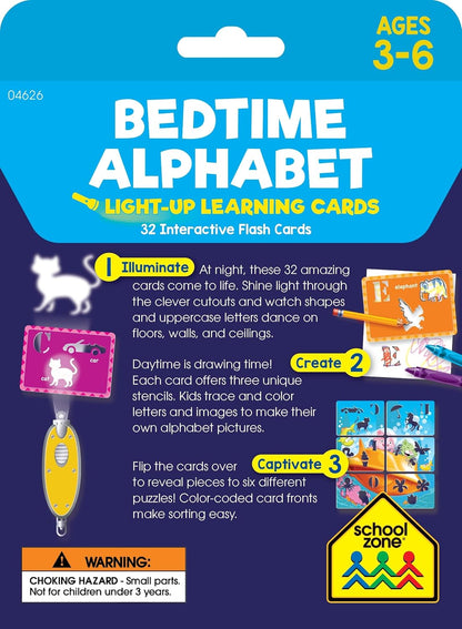 School Zone Bedtime Alphabet Light-Up Learning Cards: 32 Interactive Flash Cards, Preschool, Kindergarten, Letter & Word Recognition, Shadow Play, Mini Flashlight Included
