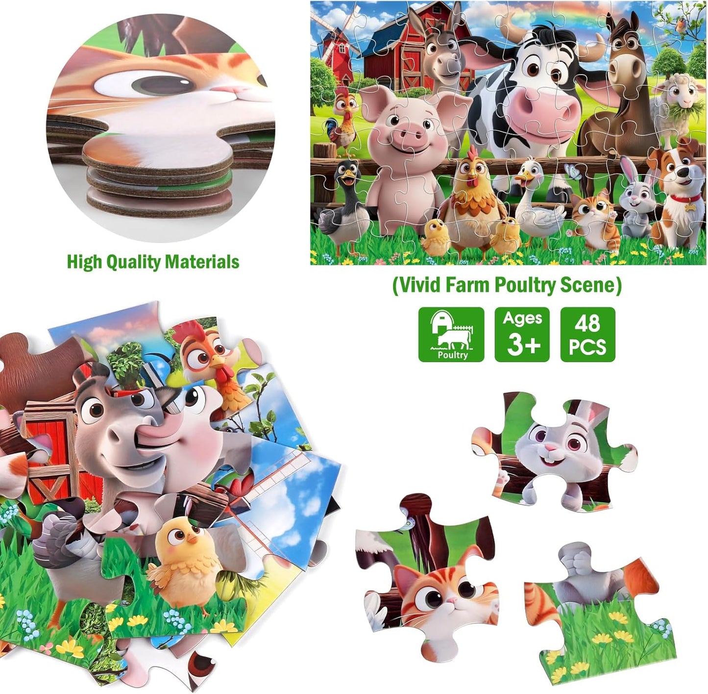 Jumbo Floor Puzzle for Kids,48 Pieces Farm Animals Puzzles for Toddlers 3-5,Large Barn Jigsaw Puzzles,Preschool Educational Animal Toys,Easter Gift for Boys & Girls Ages 4-8