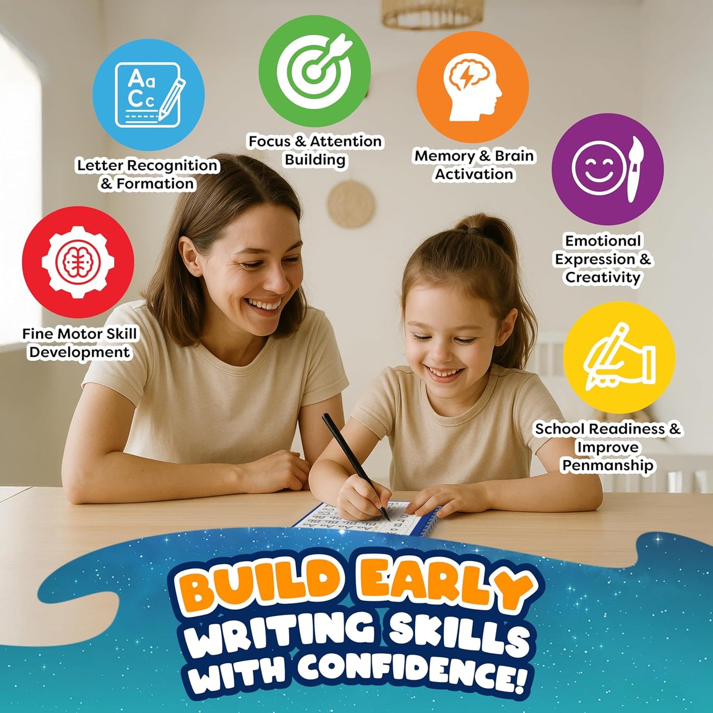 Magic Grooved Writing Practice for Kids with Safety Box – 5 Practice Books Learning Set for Alphabet, Drawing, Math – Erasable Magic Ink – Includes Long-Lasting 2 Magic Pens and 10 Refills