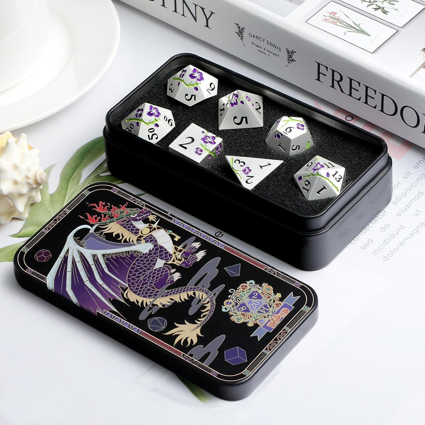 DnDnD Heavy Polyhedral Metal Dice Set with Metal Box, 7-die Shiny Blue Surface with Golden Number for RPG,Dungeons and Dragons,Pathfinder,Shadowrun,D&D,Role Palying Game and Math Teaching - Colors A