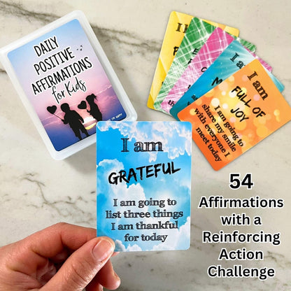 Daily Positive Affirmation Cards for Kids, Mindfulness Activities, Confidence Building, Growth Mindset, Positive Attitude, 54 Glossy cards in hard storage box, Loved by teachers, parents, & therapists