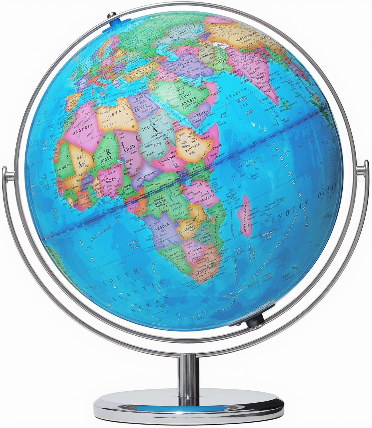 BSHAPPLUS World Globe with Stainless Steel Stand 13 inch, 720 Rotating & HD Waterproof Material, Teaching/Geographic/Decorative Globes with Clear Text for Elementary, Classroom, Home, School, Office
