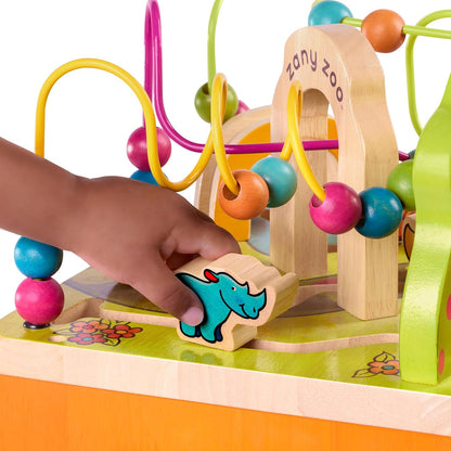 B. toys – Tabletop Activity Cube – Educational Storybook Included – Wooden Shape Sorter, Bead Maze, Animal Tiles – Top Flips for Compact Storage – 12+ Months – Lil' Learning Cube