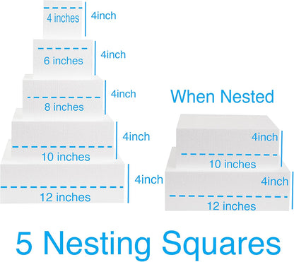 Silverlake 5-Tier Square Cake Dummy Set - Nesting 4" H x 4,6,8,10 & 12" W Blocks for Styrofoam Baking Display Projects
