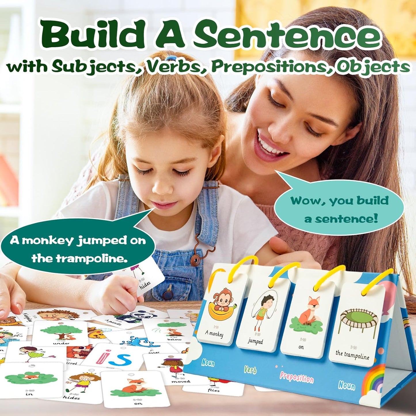 Kids Learning Calendar Set - Sentence Building Pocket Chart, Descriptive Word Games Flash Cards for Phonics Practice, Puzzle Pocket Chart for Classroom Homeschool Kindergarten (Sentence)
