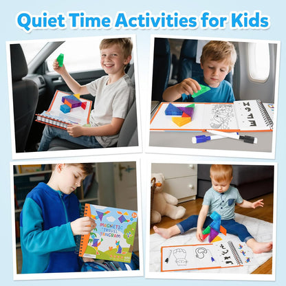 USATDD Travel Tangram Puzzle with 2 Set, Magnetic Pattern Blocks Road Trip Travel Games Jigsaw Montessori Brain Blocks IQ Book with 368 Solution Brain Teasers for Kids Adults Challenge