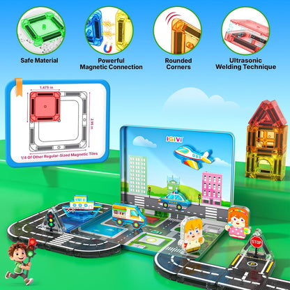 104 PCS Magnetic Tiles Road Set, STEM Construction Toys for Kids Ages 3-5 5-7 4-8, Magnet Building Blocks for Toddler Toys Games, Christmas Birthday Gifts for 3+ Year Old Boys Girls