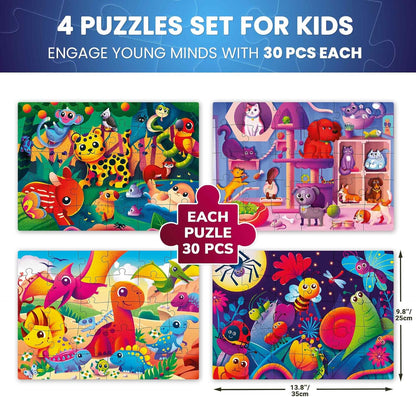 QUOKKA Puzzles for Toddlers 3-5 - 4 x 30 Pieces Puzzles for Kids Ages 2-4 - Animal Learning Jigsaw Puzzles for Kids 4-6 Years Old - Educational Toys for Boy and Girl