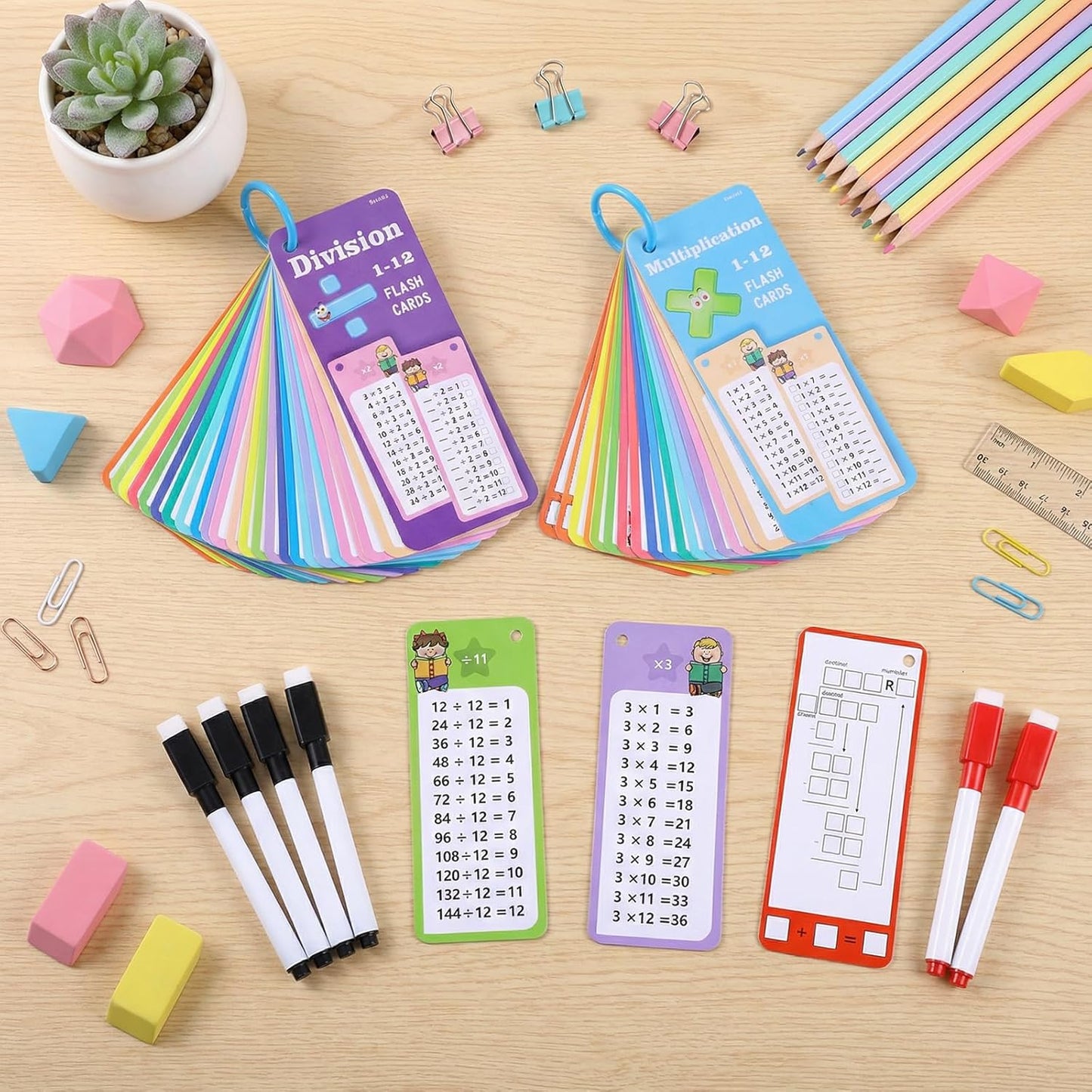 30 Pcs Addition and Subtraction Flash Cards, Math Flash Cards for 1st to 3rd Grades, Math Games Times Table Flashcards with 4 Dry Erase Pens 2 Rings for Learning
