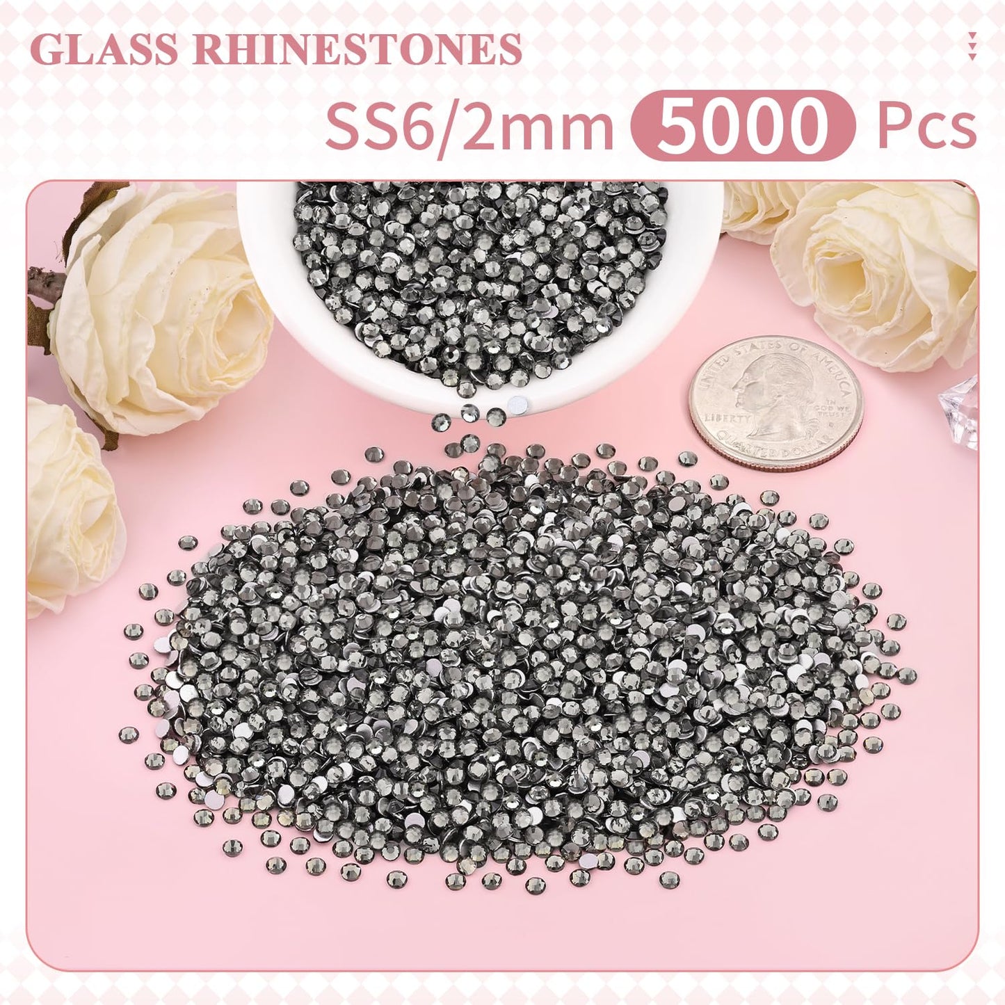 5000PCS SS6/2mm Glass Crystal Rhinestones (Clear), Bedazzling Flatback Rhinestones for Crafting DIY Crafts Nail Art Makeup Decoration, Gems Diamond Charms for Tumbler Shoes Clothing Mug