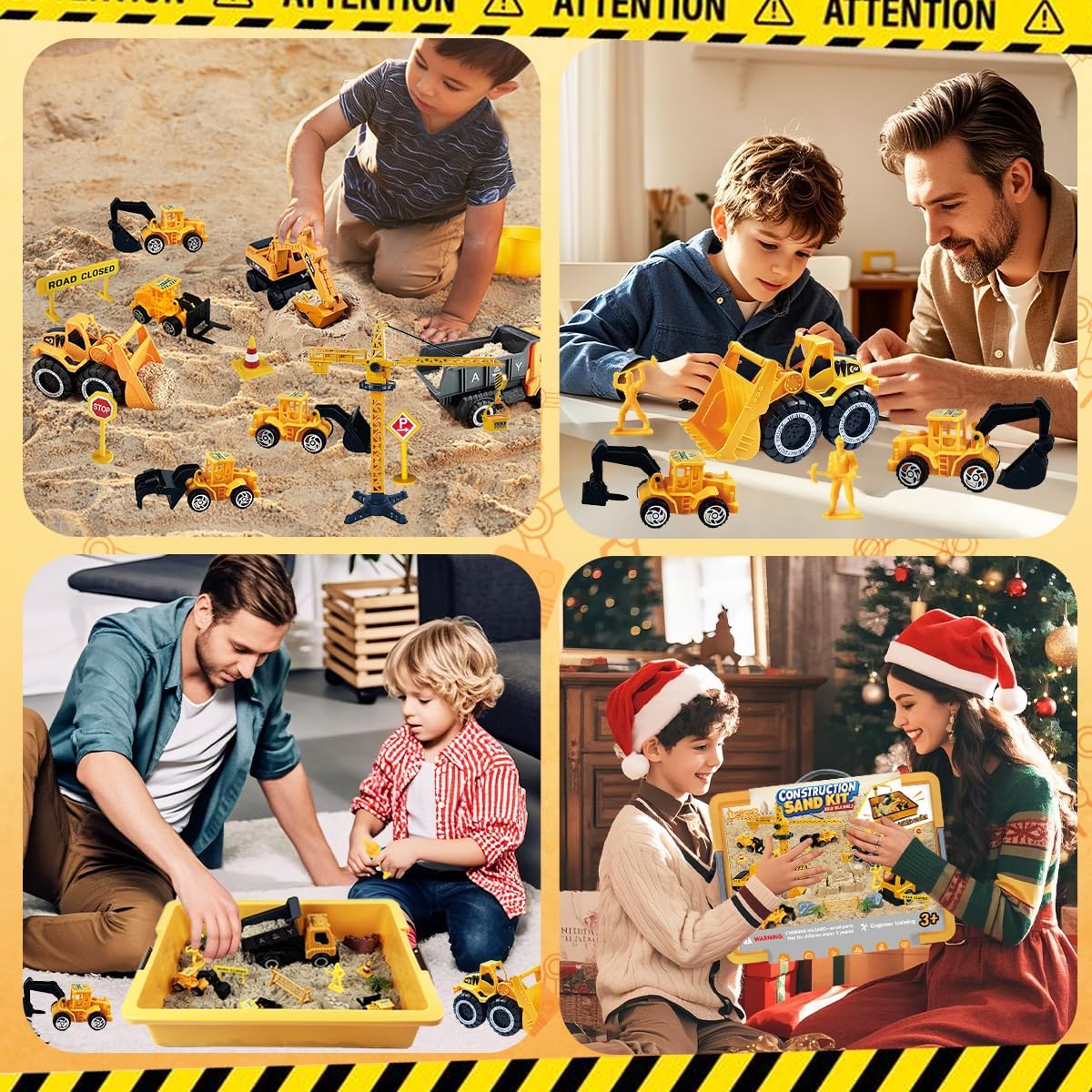Construction Sensory Sand Kit - 42 PCS Building Set with 2lbs Magic Sand, 9 Construction Trucks, Foldable Roof Sandbox, Cranes, Road Signs & Tools | STEM Gift for Boys Ages 3-8