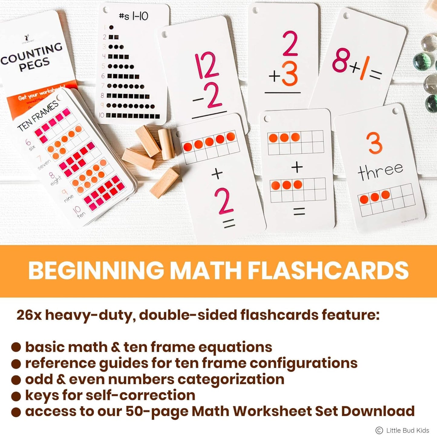 LITTLE BUD KIDS Counting Pegs - A Ten Frame Math Game with Addition and Subtraction Flash Cards, A Wooden Montessori Math Toy & Math Manipulatives Number Peg Boards for Kids 3 4 5 6 7