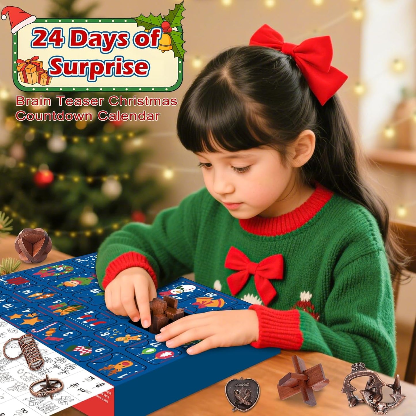 Advent Calendar 2025 Brain Teaser for Kids & Adults - 24 Days of Metal Puzzle Ring & Wooden Toy Games, Christmas Countdown with Mind IQ Logic Challenges, Unlock Interlock Gift for Boys Girls Teens