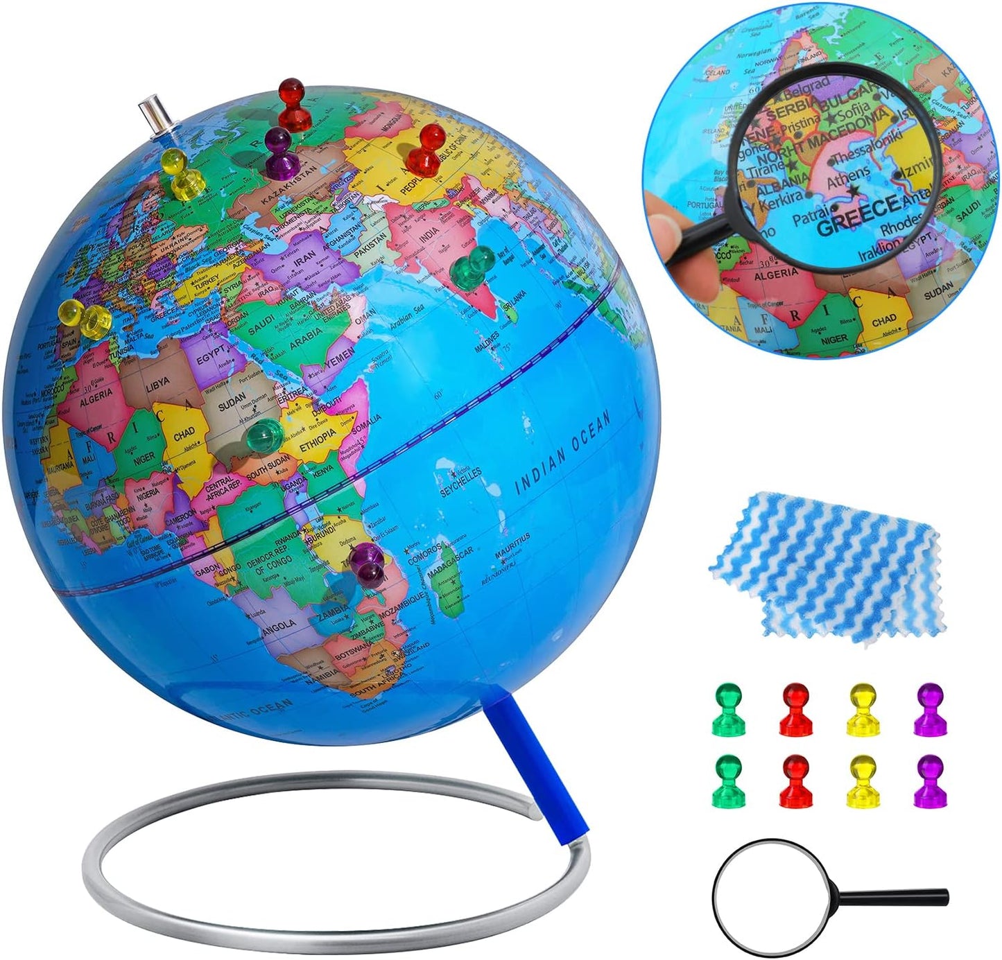 BSHAPPLUS World Globe with Stainless Steel Stand 13 inch, 720 Rotating & HD Waterproof Material, Teaching/Geographic/Decorative Globes with Clear Text for Elementary, Classroom, Home, School, Office