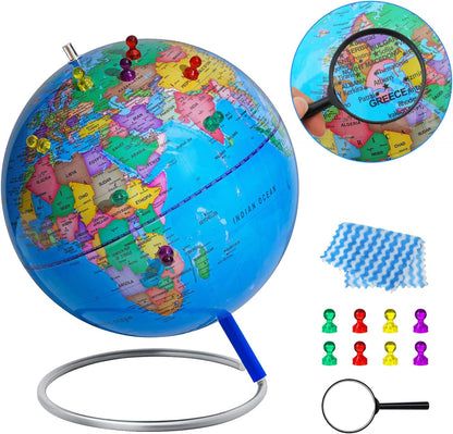 BSHAPPLUS World Globe with Stainless Steel Stand 13 inch, 720 Rotating & HD Waterproof Material, Teaching/Geographic/Decorative Globes with Clear Text for Elementary, Classroom, Home, School, Office