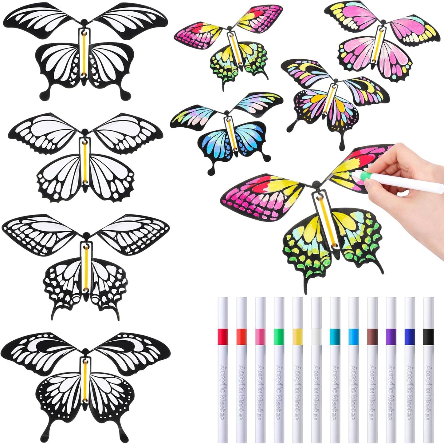 Seenelling 44 Pcs Flying Butterfly Craft Kit with 32 Wind up Butterflies and 12 Color Pens People Painting White Paper Butterflies DIY Toy for Party Game School Activity Birthday Gift (Style 3)