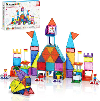 PicassoTiles 333pcs Magnetic Brick Tile and Magnetic Tile Combo Set, Action Figures included, Building Blocks STEM Toys, Educational Montessori Preschool Toddler classroom learning toys, Kids activity