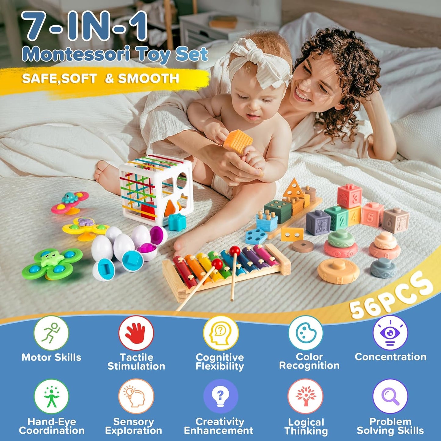 6-in-1 Baby Toys 6 to 12 Months, Montessori Toys for Babies 6-12-18 Months, Infant Teething Toy Stacking Blocks Rings Sensory Bin, Sorting Sensory Educational Learning Gift for Toddlers Aged 1-3