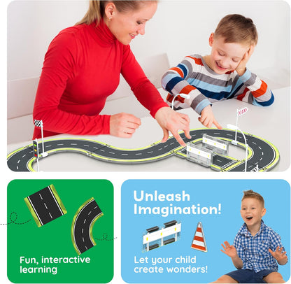 PicassoTiles Magnetic Tiles Race Track Car Thrilling Toy Playset Includes 2 Racing Trucks STEM Educational Magnet Tile Building Block Construction Set for Toddlers Boys Girls Ages 3 and Older PTR30