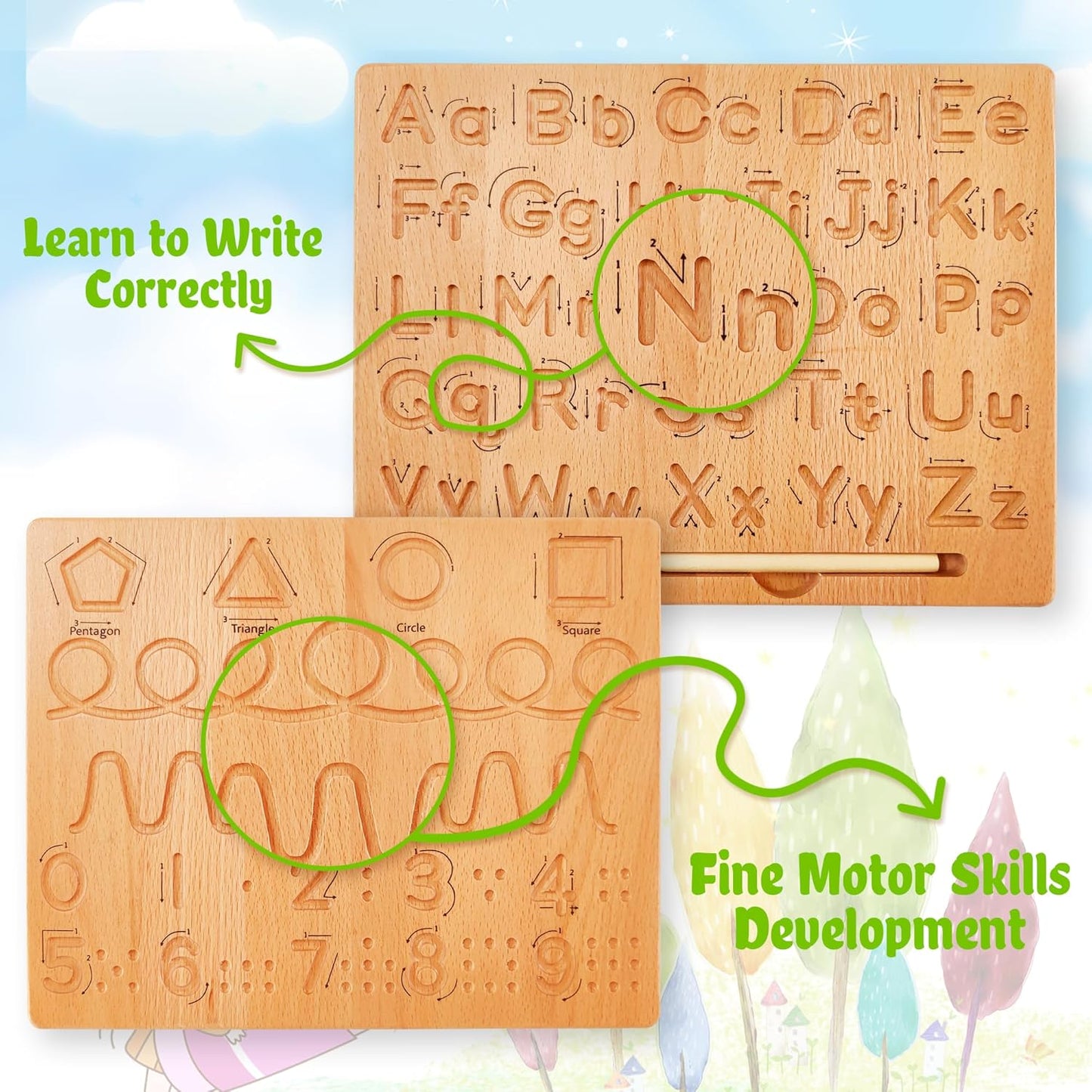 TanFans Wooden Alphabet Tracing Board - Montessori Educational Toy for Preschool - Fine Motor Skills Development - Learn to Write ABC - Double-Sided Letter Practice Tool - Ideal Gift for 3-5 Years Old