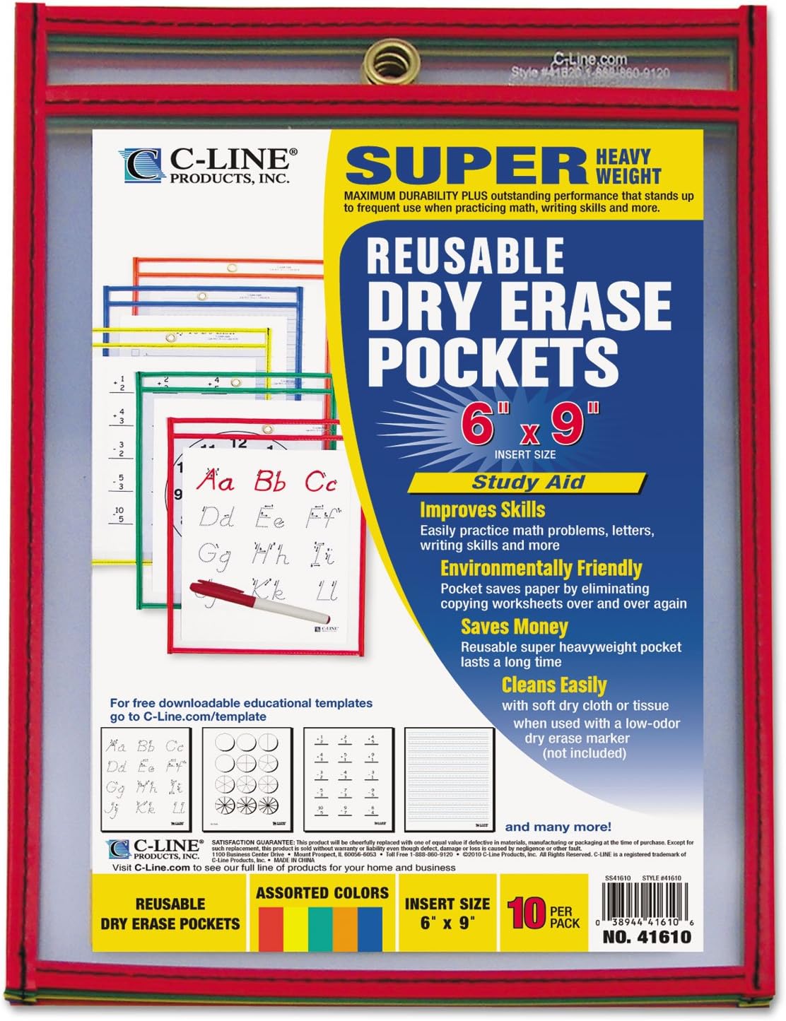 C-Line Reusable Dry Erase Pockets, 9 x 12 Inches, Assorted Neon Colors, 25 Pockets per Pack (40820)
