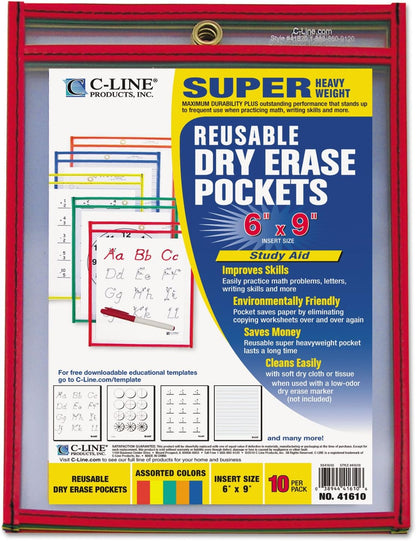 C-Line Reusable Dry Erase Pockets, 9 x 12 Inches, Assorted Neon Colors, 25 Pockets per Pack (40820)