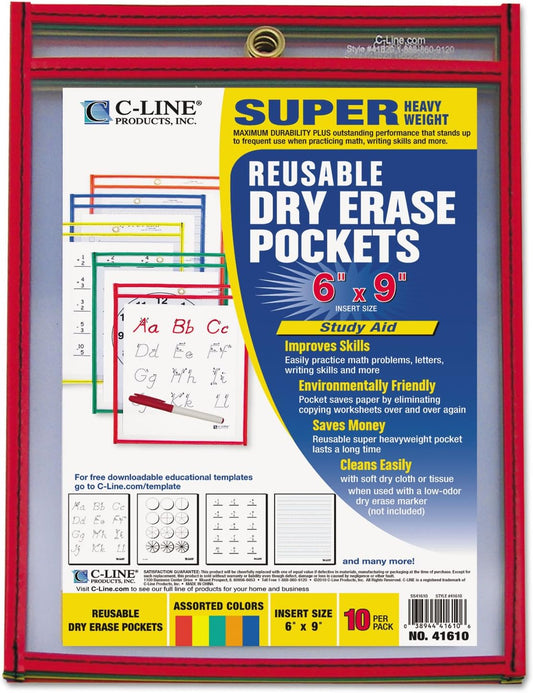 C-Line Reusable Dry Erase Pockets, 9 x 12 Inches, Assorted Neon Colors, 25 Pockets per Pack (40820)