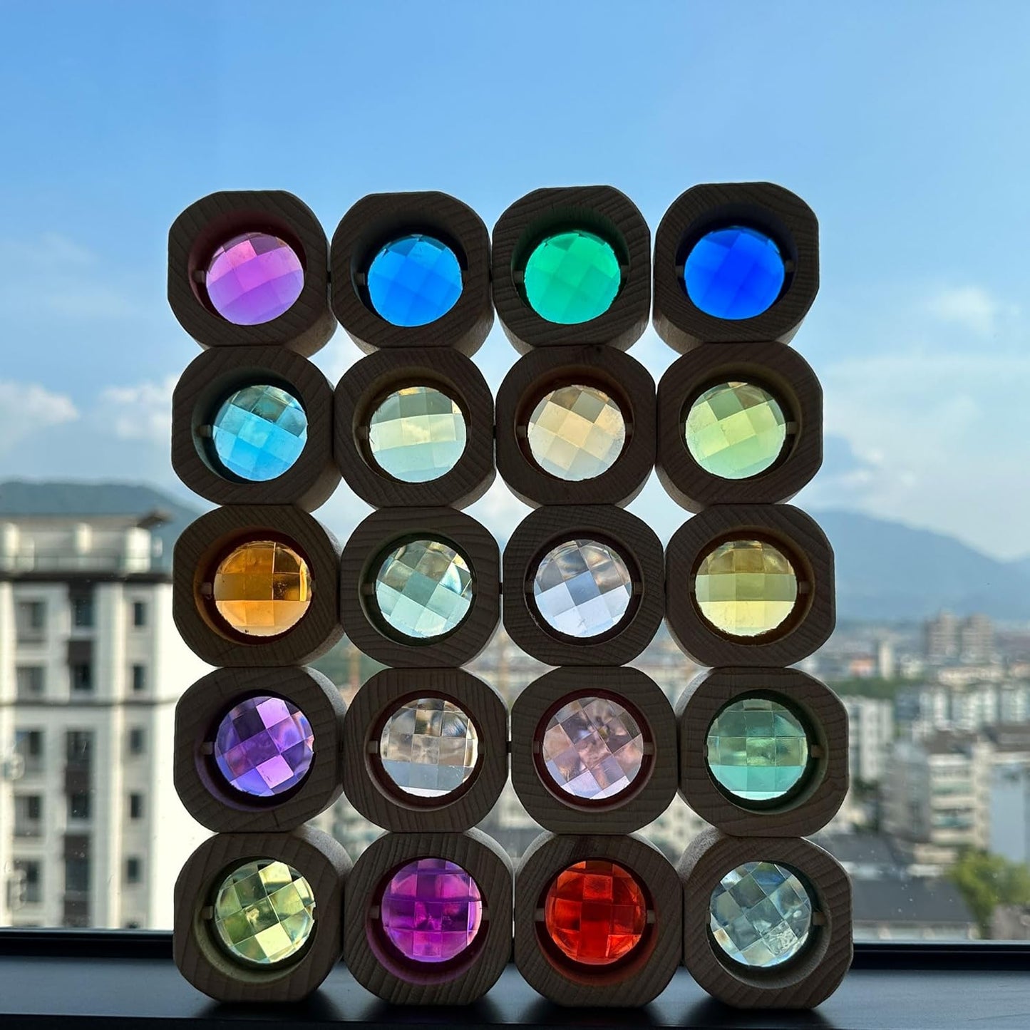 20PCS Wooden Gem Blocks Stacking Toys,Colorful Acrylic Windows Blocks, Rainbow Crystal Acrylic Building Cubes Educational Sensory Training Crystal Toys (20PCS Round Gem Blocks)